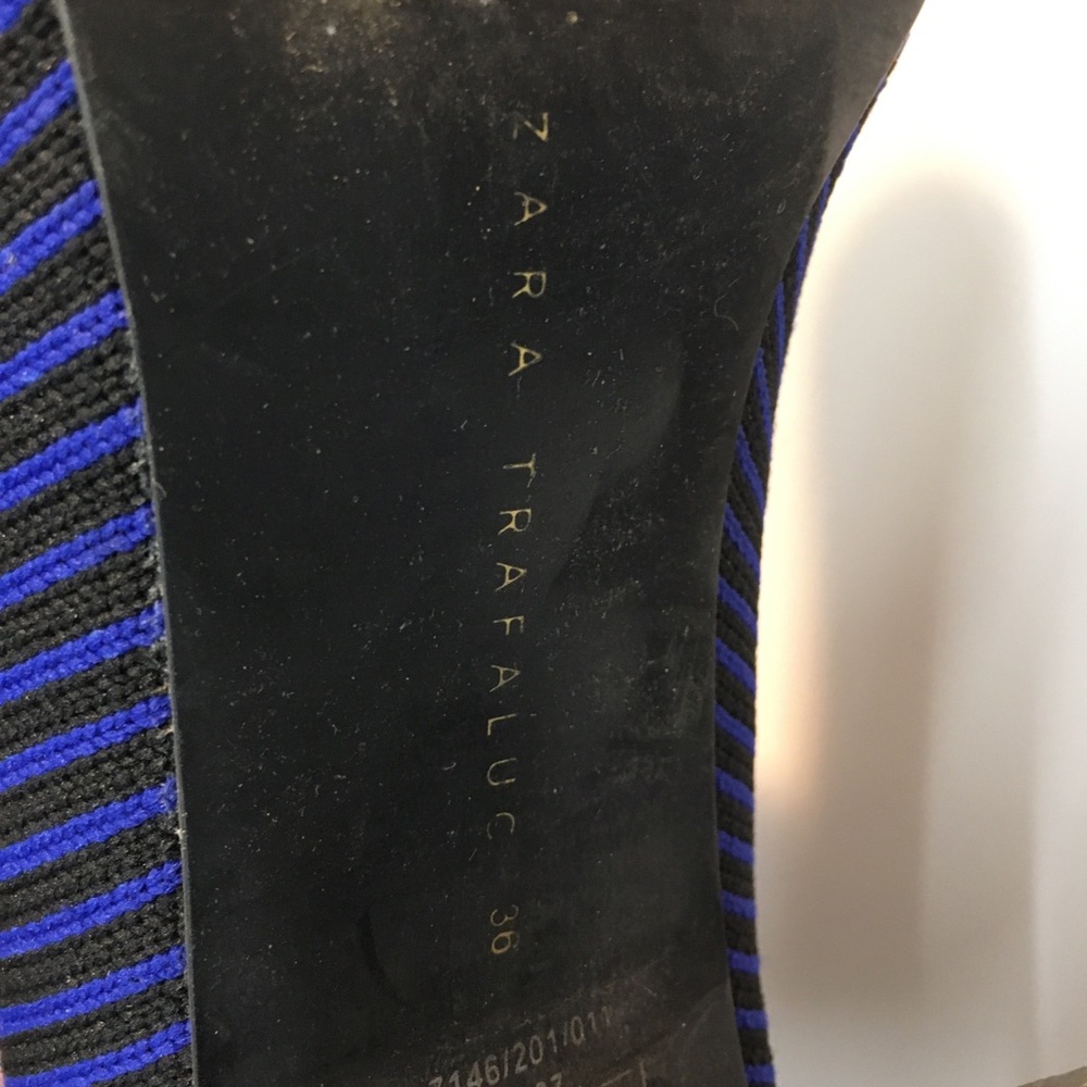 Zara Trafaluc Knit Sock Stripe Booties Block Heel EU 36 Blue Black Office - Picture 12 of 12